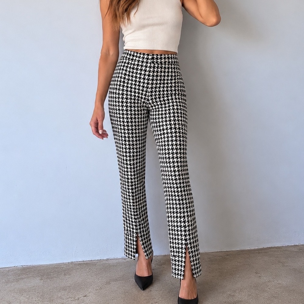 Boston Proper Black White Houndstooth Ankle Pants Front Slit 14 Dark Academia